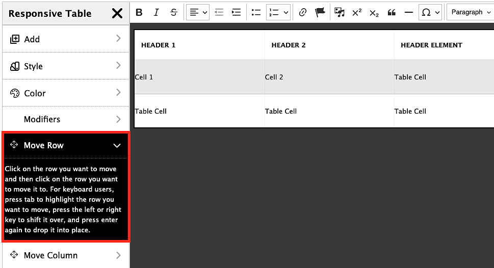 screenshot showing how to move a row