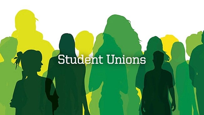 photo button that says Student Unions in the center with a drawing of overlapping silhouettes in the background