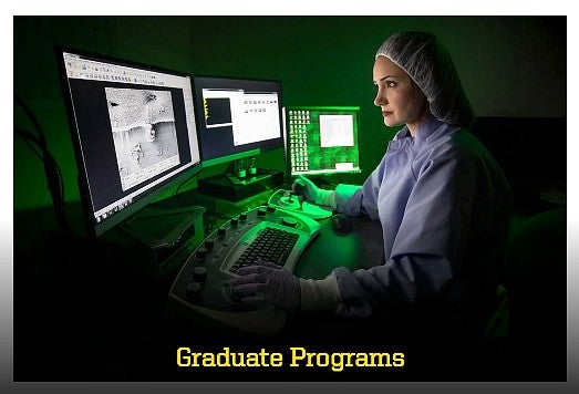 an example of a photo button that says Graduate Programs and shows person at a computer