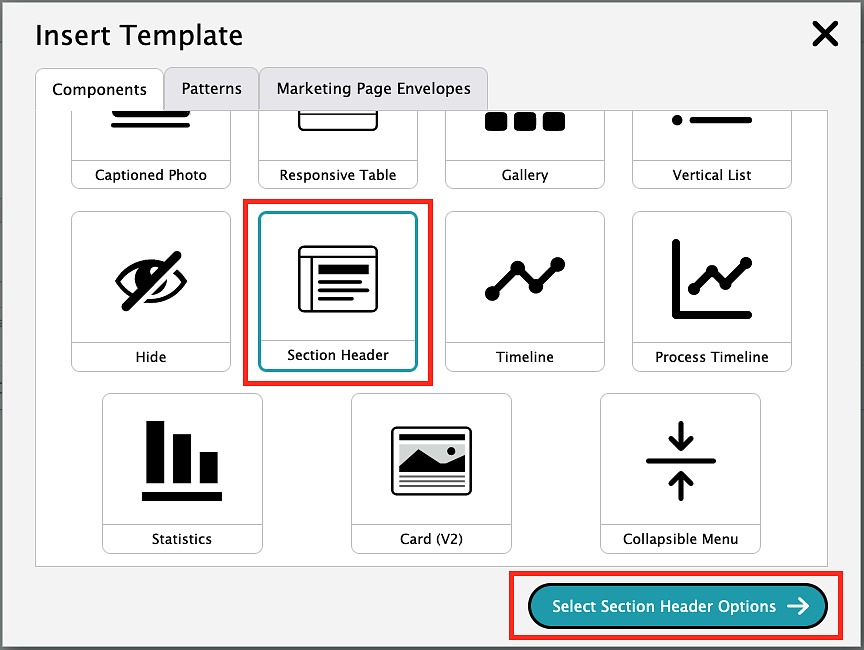 screenshot of how to insert a section header