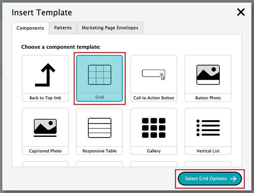 Grid and Select Grid Options buttons in the Drupal content editor, highlighted with red outline