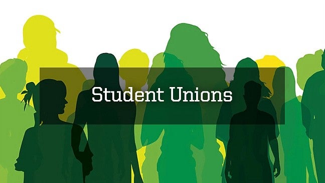 photo button that says Student Unions in the center with a shaded area in the center and a drawing of overlapping silhouettes in the background