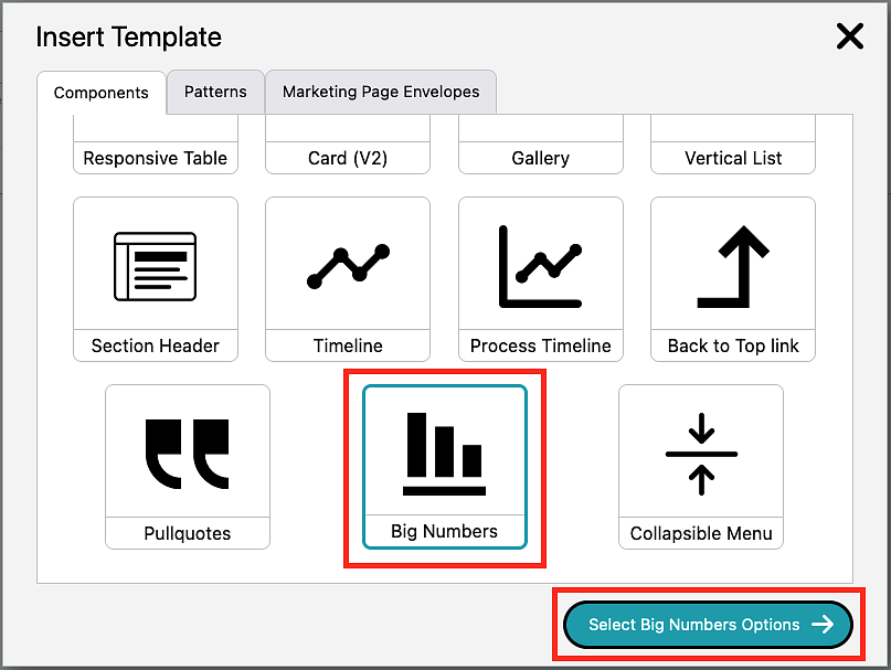 screenshot showing how to add the big numbers template