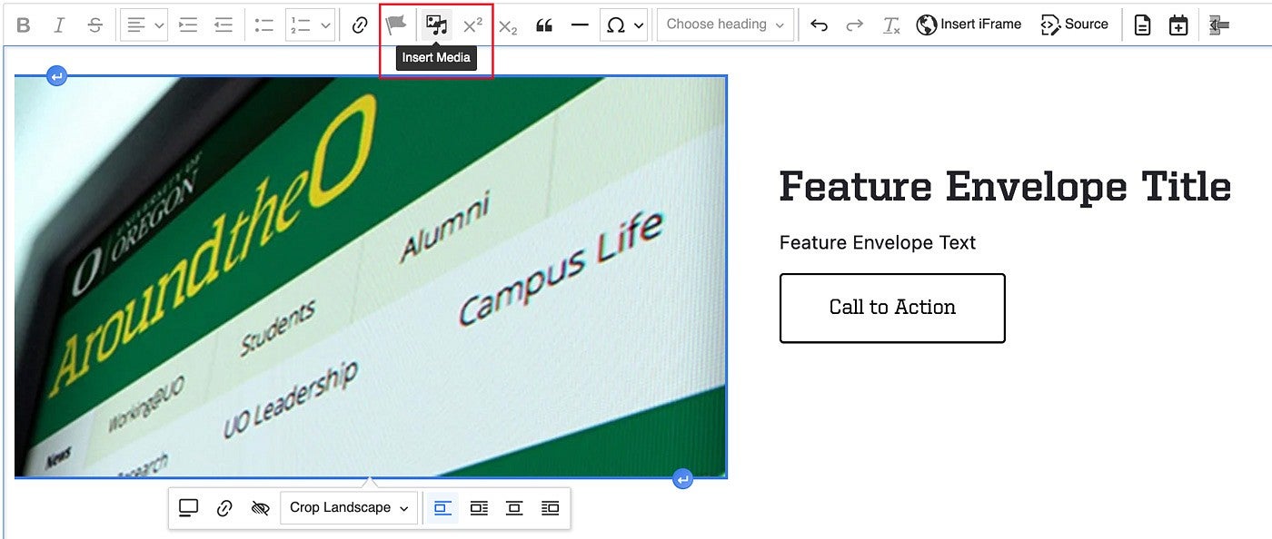 feature envelope default example with Media Library button highlighted in the Drupal content editor