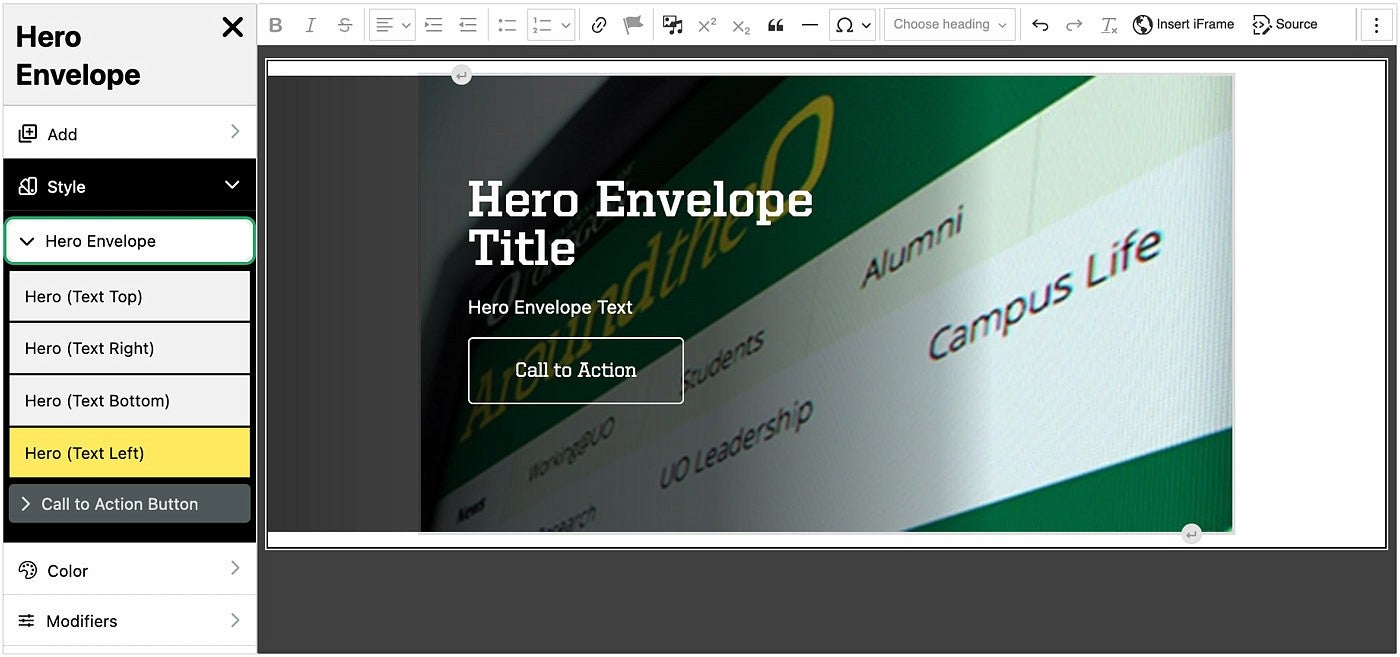 Hero Envelope template with text left selected in the Drupal content editor