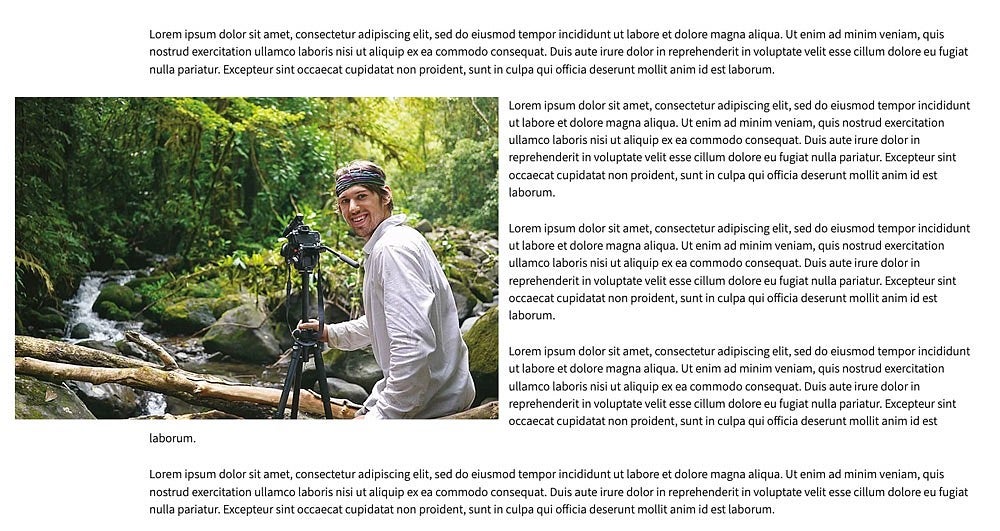 lorem ipsum text paragraphs wrapping around a photo of a person with a camera and stream