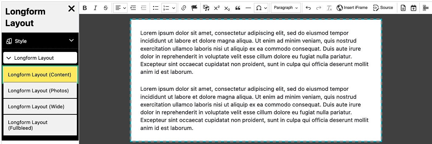 Longform Layout template options menu in the Drupal content editor