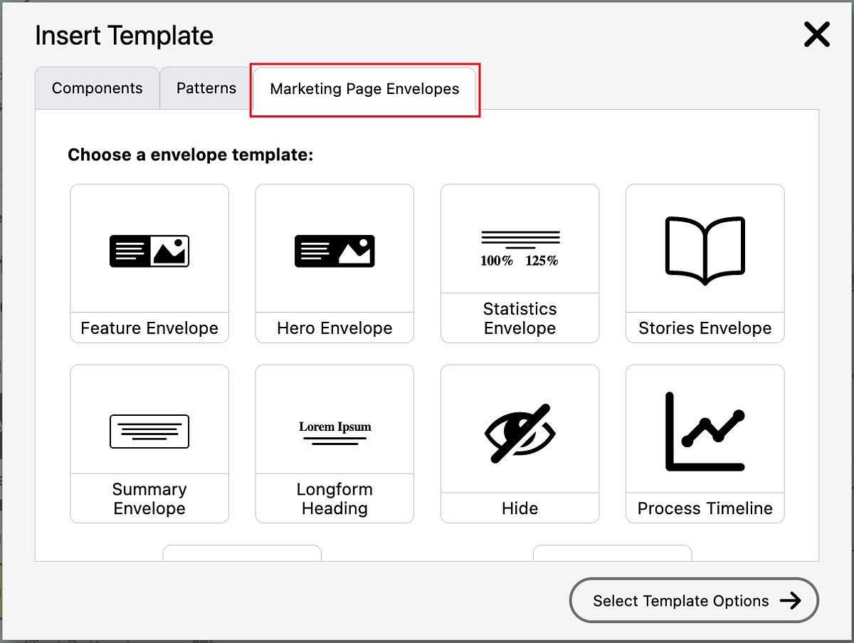 Marketing Page Templates window in the Drupal content editor