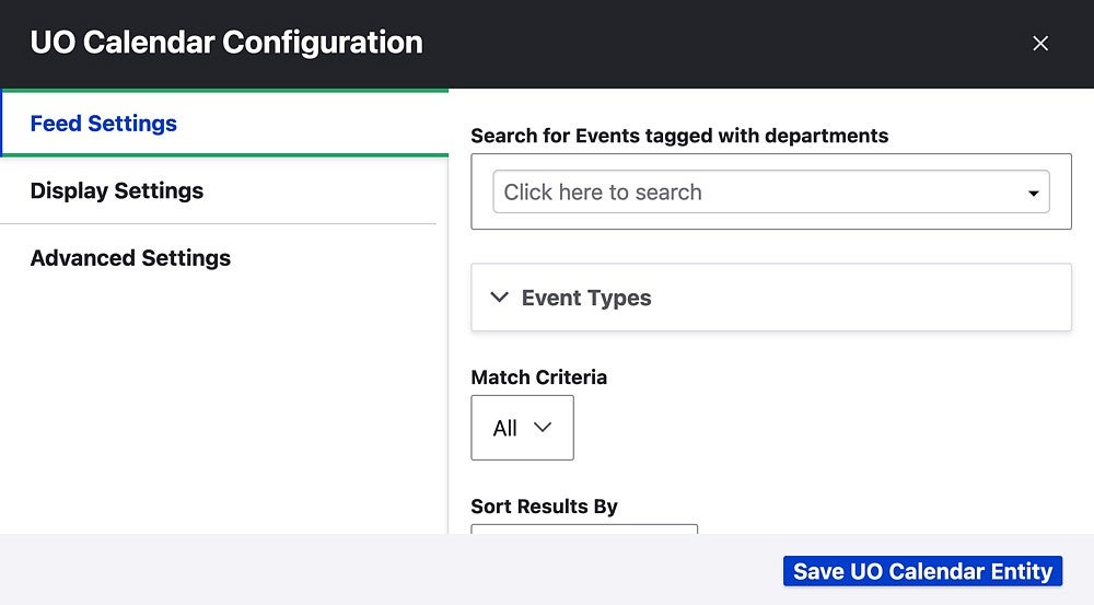 Drupal calendar configuration window in the Drupal content editor