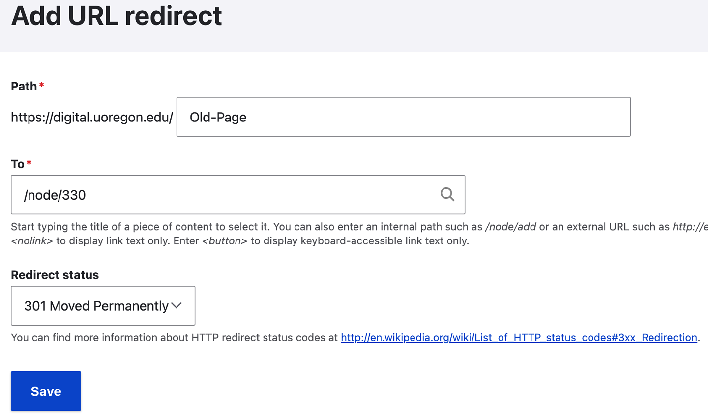 Drupal 9 add new URL redirect path screenshot