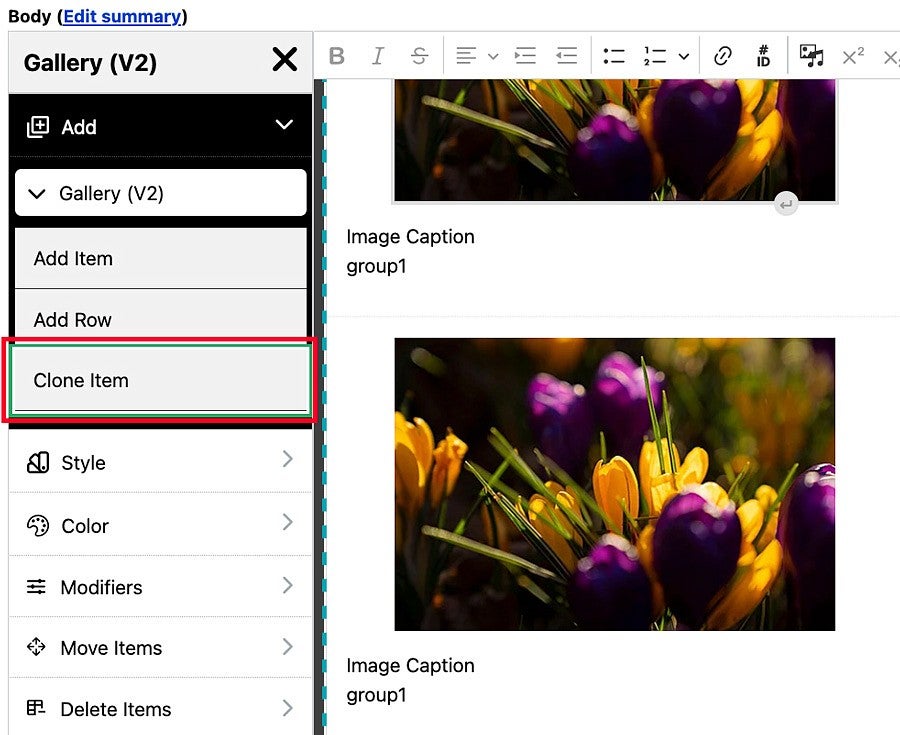 Cloning a gallery item in the Drupal content editor