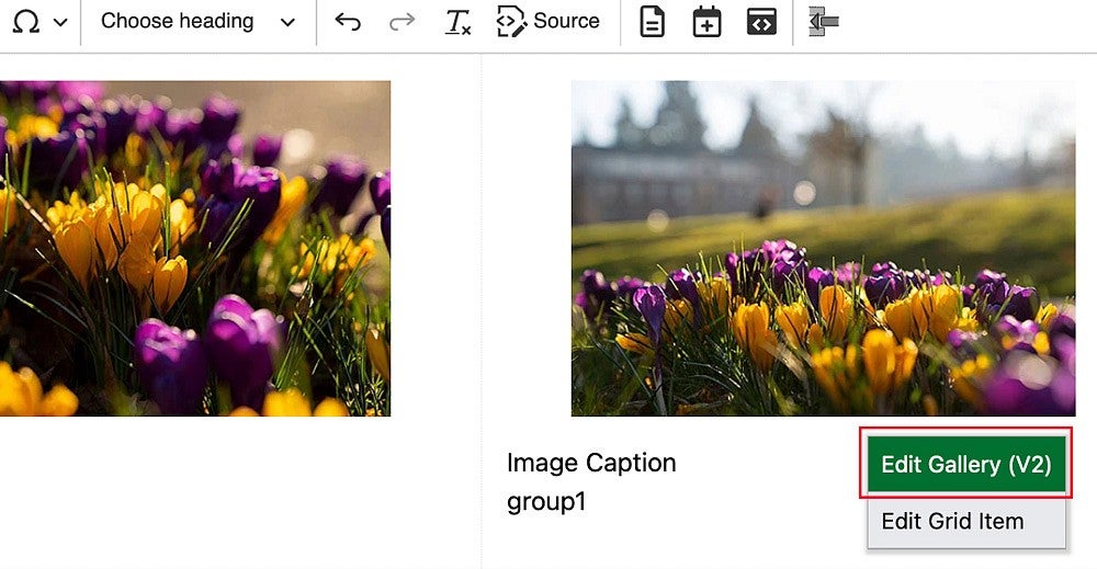 the Edit Gallery (V2) button in the Drupal content editor