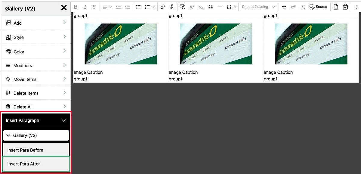 Inserting a paragraph before or after a gallery in the Drupal content editor