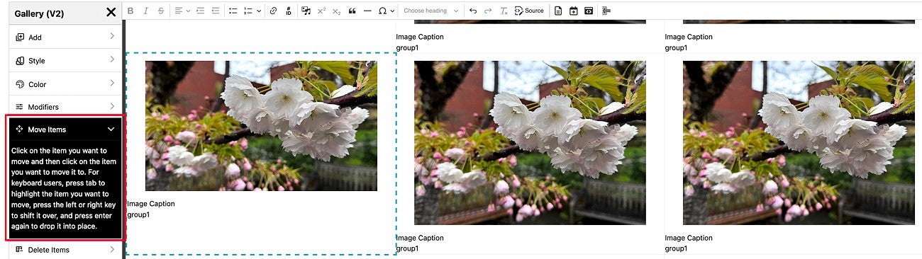 Moving gallery items in the Drupal content editor