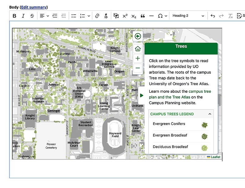 Map of trees on the Eugene UO campus, featuring tree types