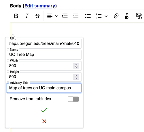 screenshot of an iframe toolbox in the editor