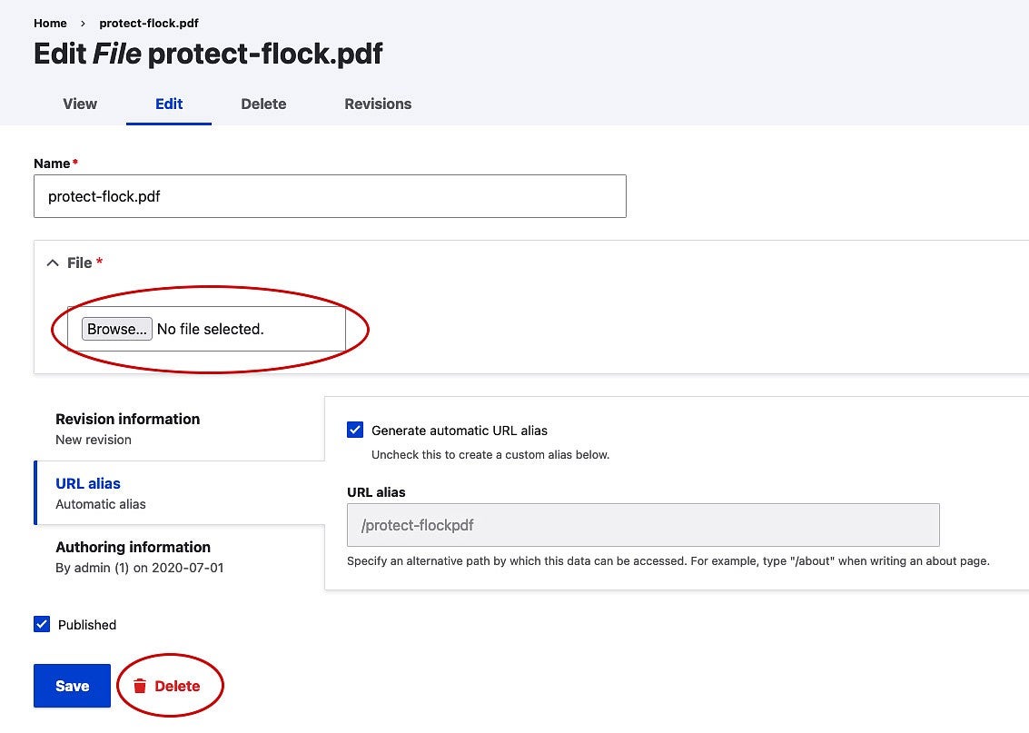 screenshot of the Drupal interface with the Browse button and Delete link with trash can icon circled in red