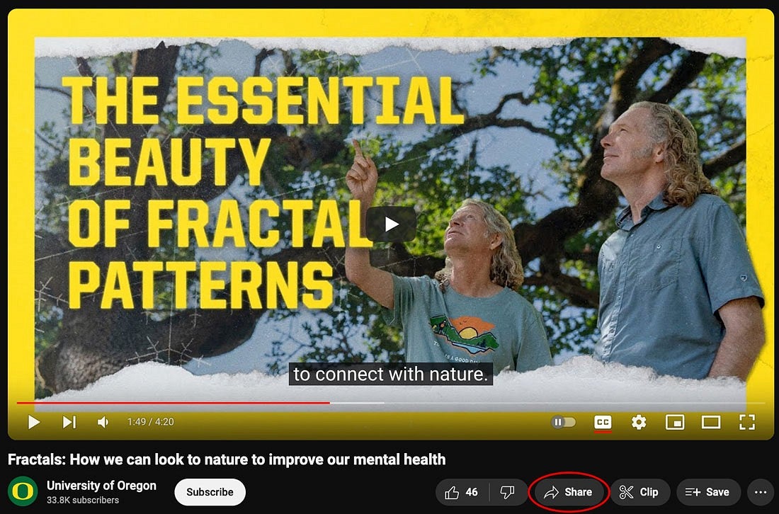 screenshot of The Essential Beauty of Fractal Patterns video title frame with the Share button circled in red