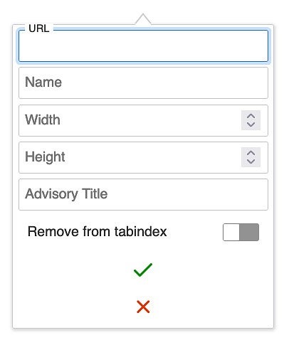 screenshot of the iframe embed pop-up box with the fields URL, Name, Width, Height, and Advisory Title