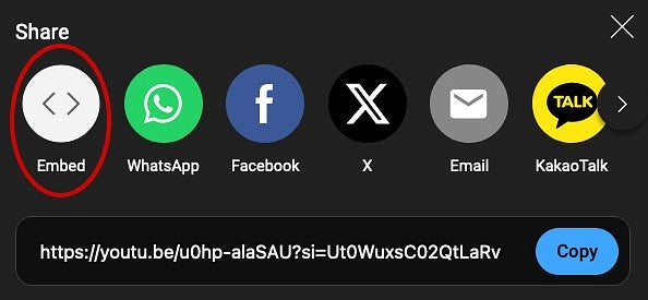 screenshot of the YouTube sharing options with the Embed option circled in red