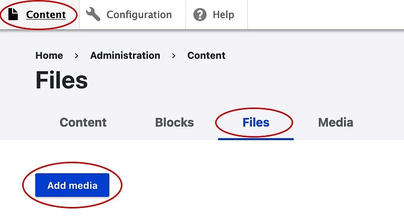 screenshot of the Drupal interface with the Content, Files, and Add Media options circled