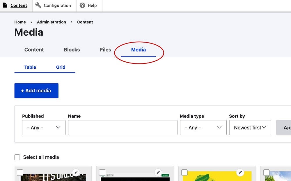 a screenshot of the Drupal interface with the Media tab circled