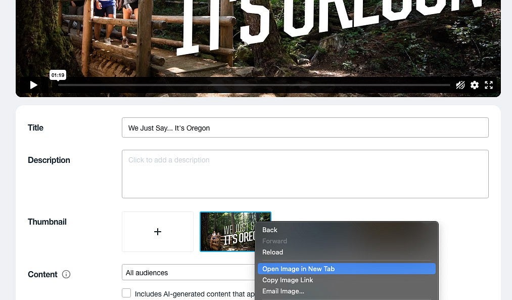 screenshot showing opening a Vimeo thumbnail in a new tab