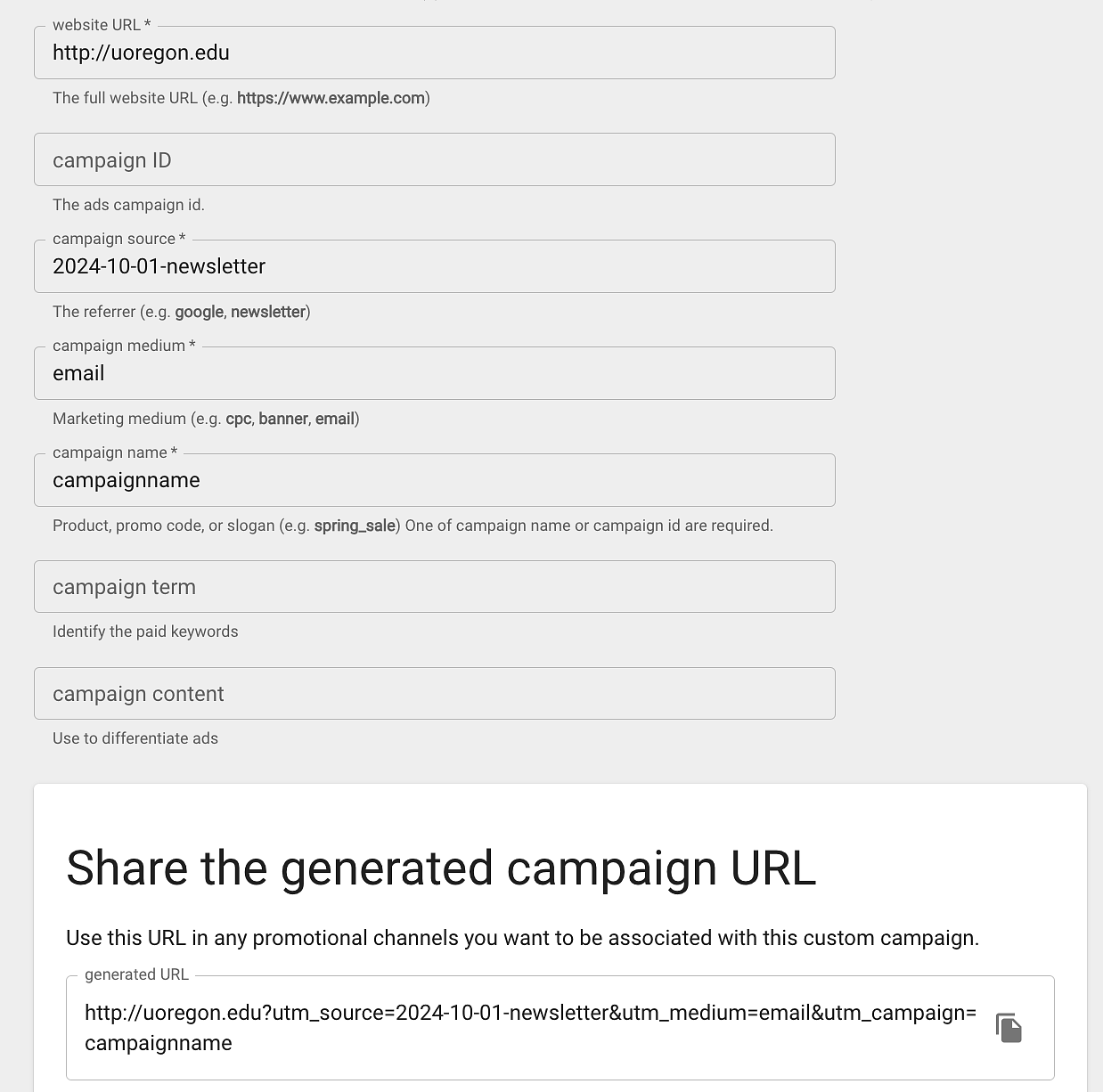 Google UTM builder example showing a UTM campaign, medium, and source, followed by the complete URL containing all the UTM parameters.