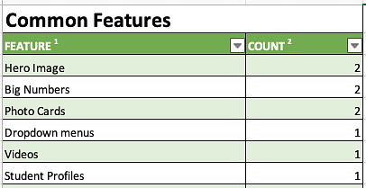 Comparative analysis spreadsheet showing the count of different common website features.