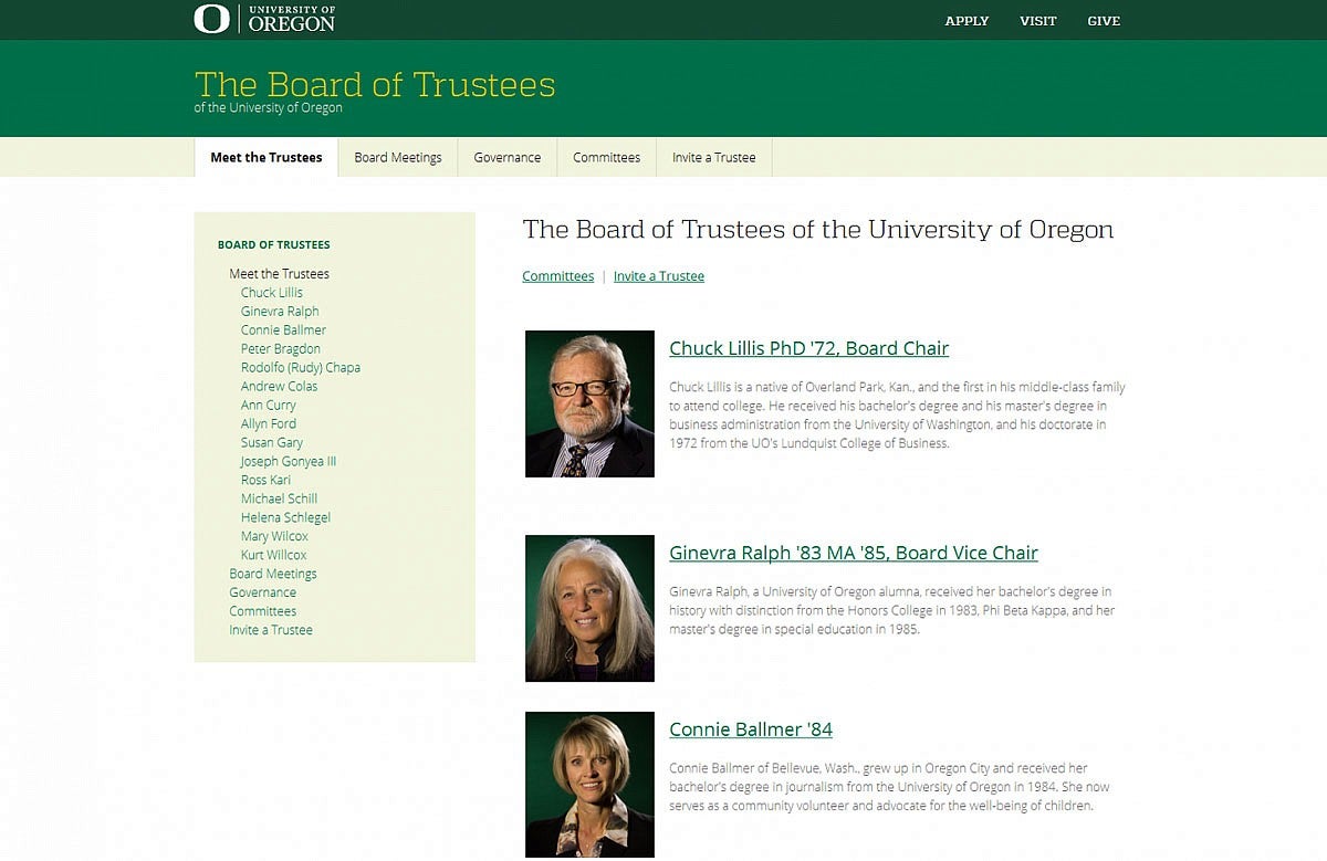 Board of Trustees site screenshot from 2018 showing three board member bios