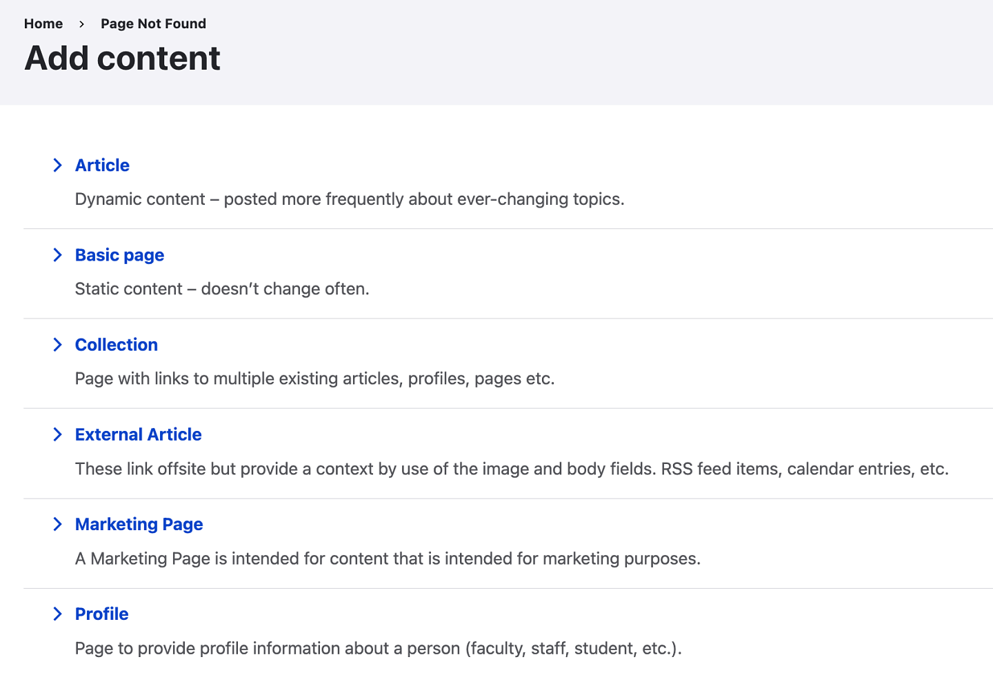 Screenshot of the Drupal Add content page which lists Articles, Basic page, Collection, External Article, Marketing page, and Profile.