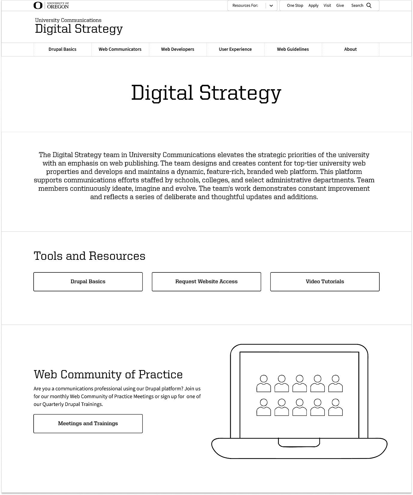 Medium fidelity wireframe of the digital strategy homepage