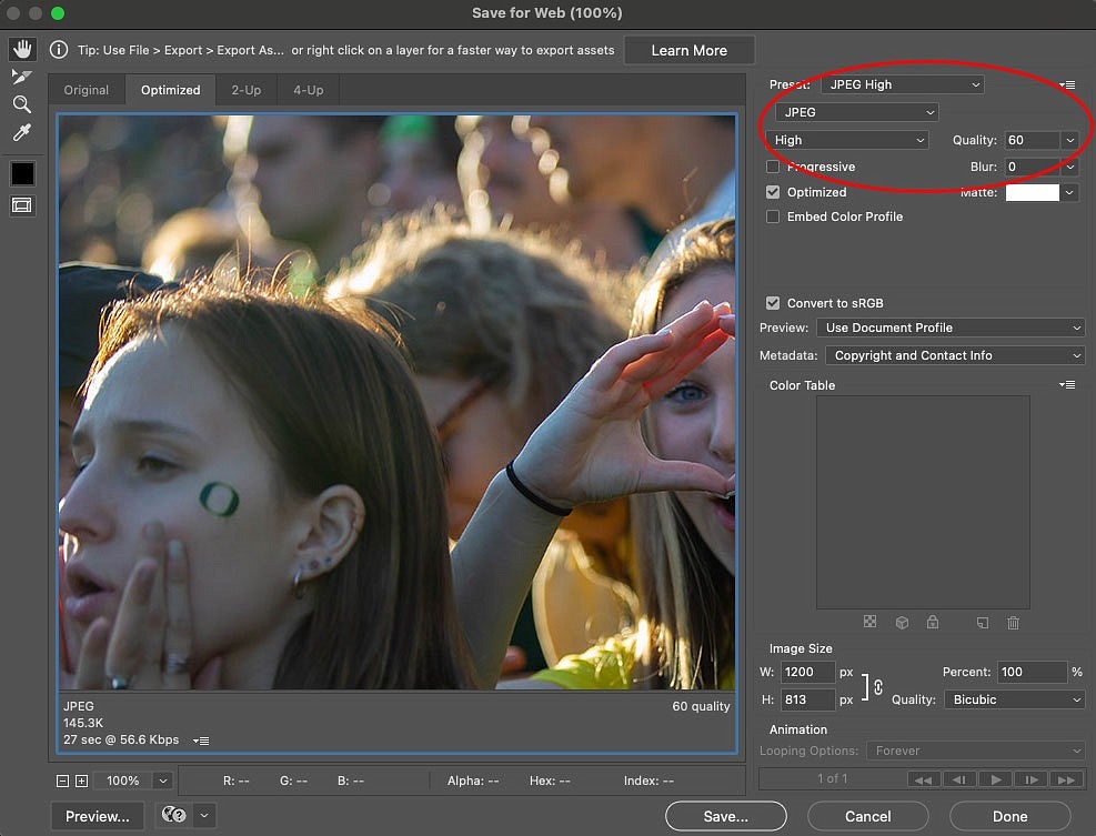 screenshot showing JPEG High and 60% quality selected in Photoshop
