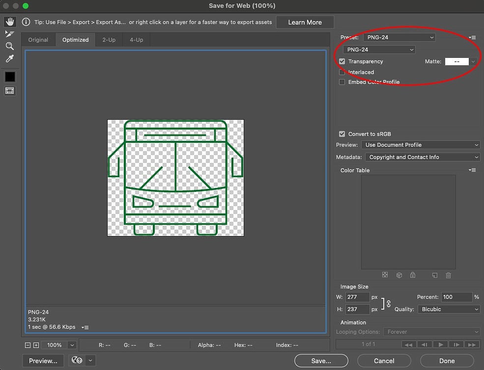 screenshot showing PNG-24 and Transparency selected in Photoshop