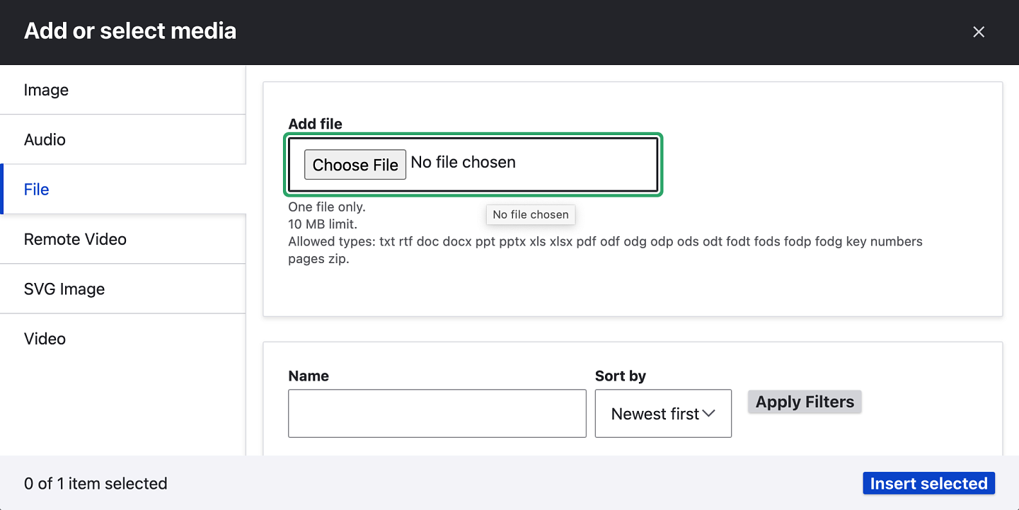 Drupal content editor's file upload window