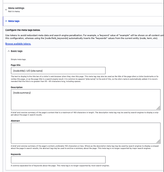 Drupal Meta tags sections, including the page title, description, abstract, and keywords fields.