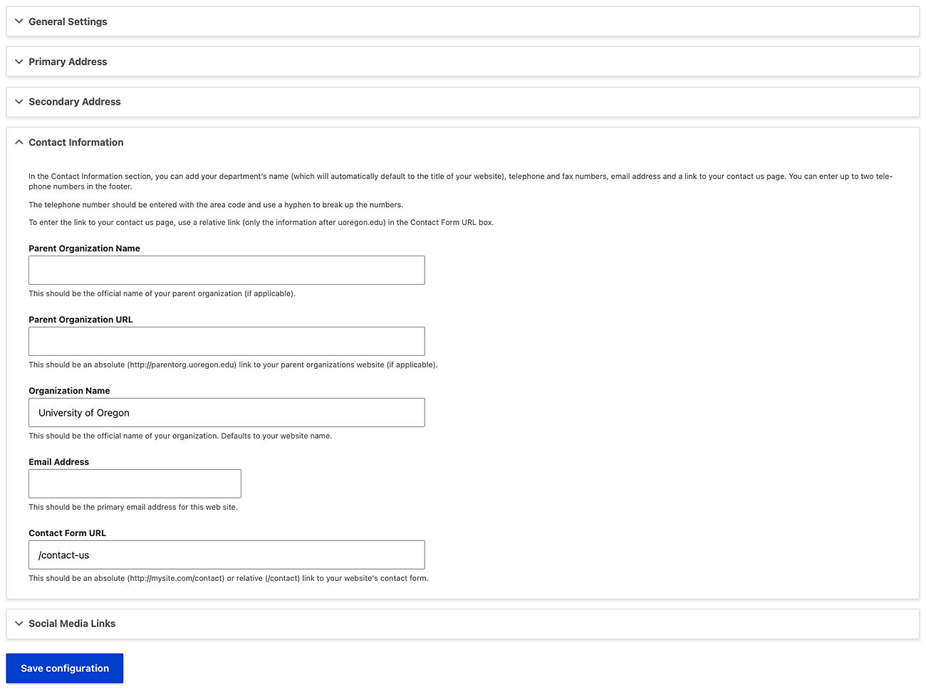 contact information settings in the Drupal banner and footer settings page