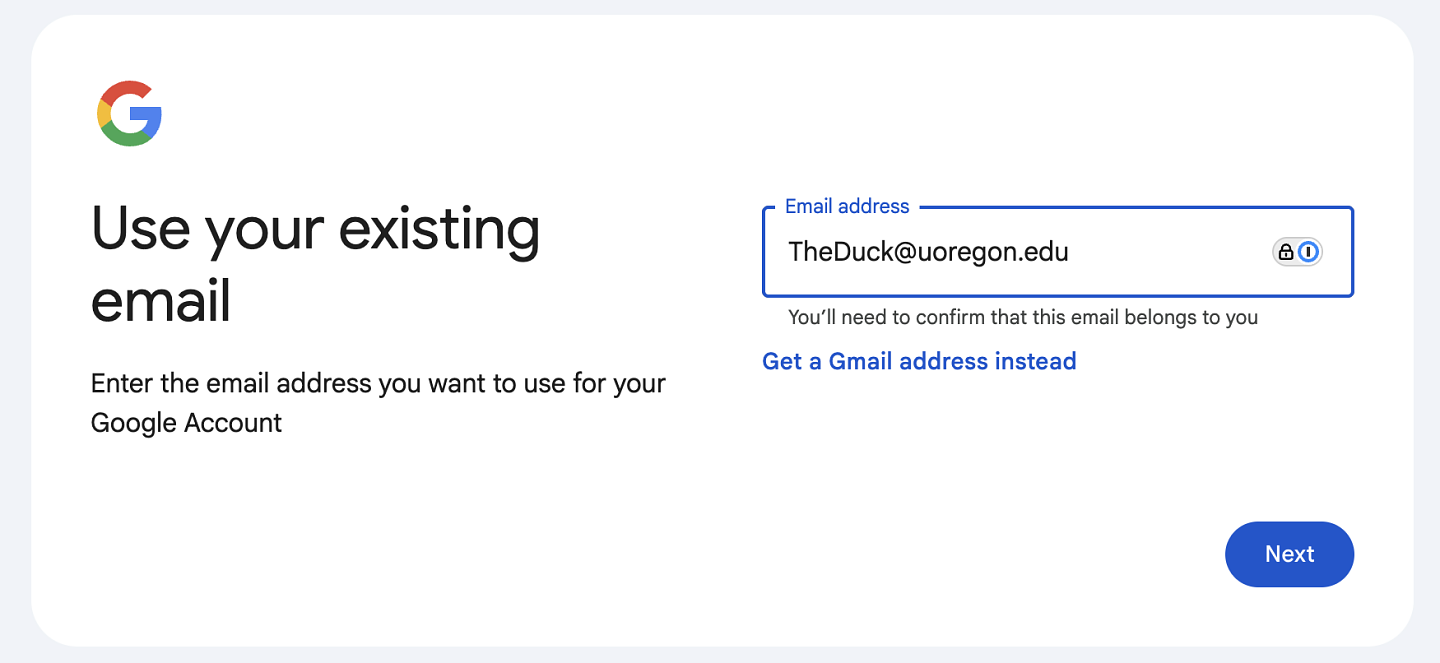 A screenshot of the Google Account creation page showing a UO email address being used as the account email.