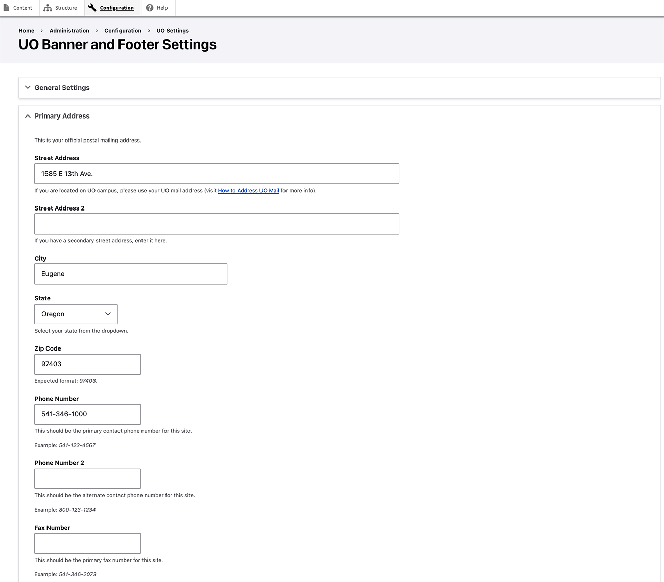 address settings in the Drupal banner and footer settings page