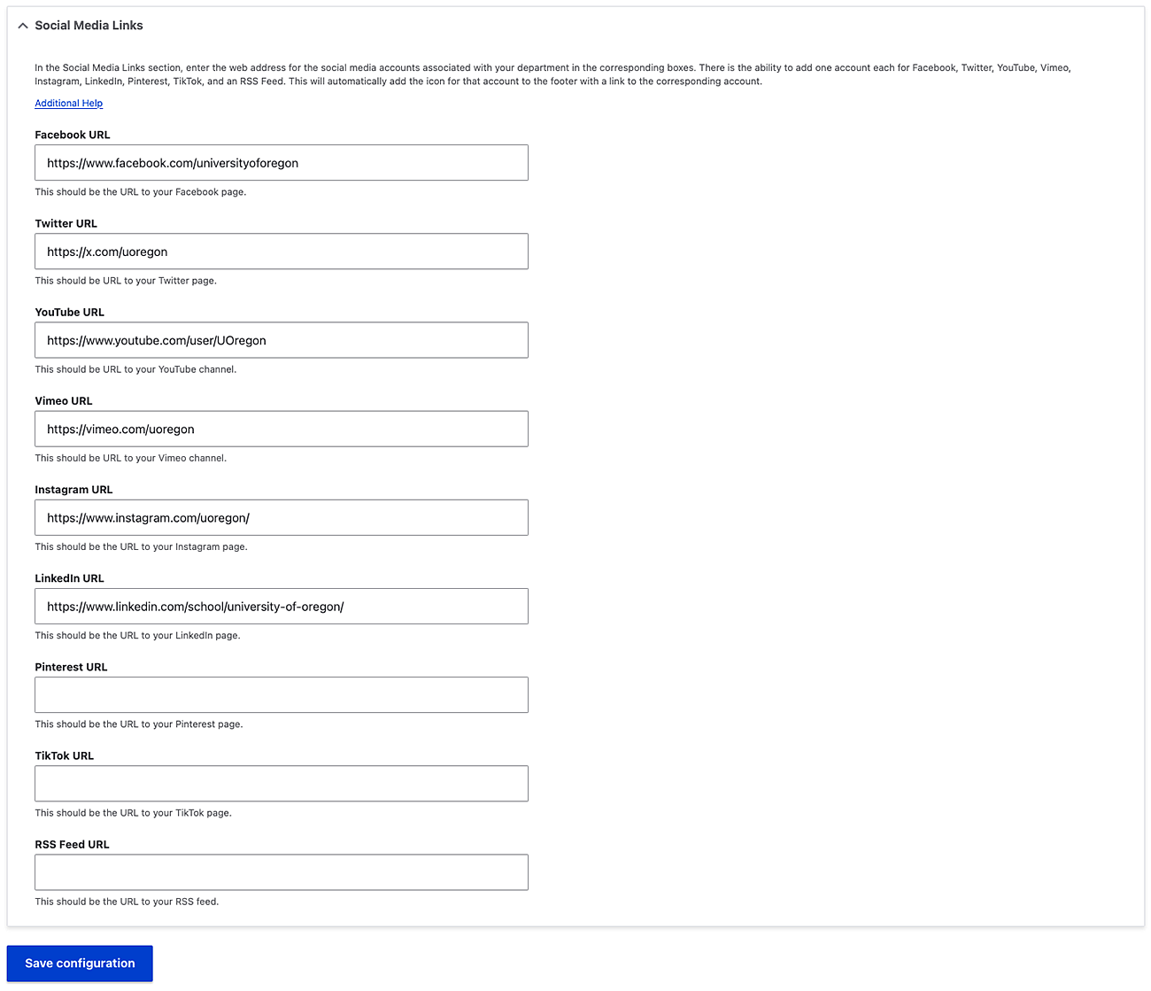 social media fields in the Drupal banner and footer settings page