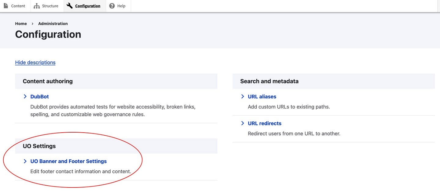 the UO Settings, Banner and Footer menu option