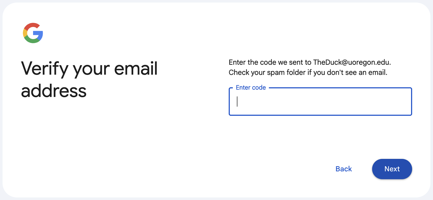 Entering the emailed confirmation code in Step four of the Google Account creation process.