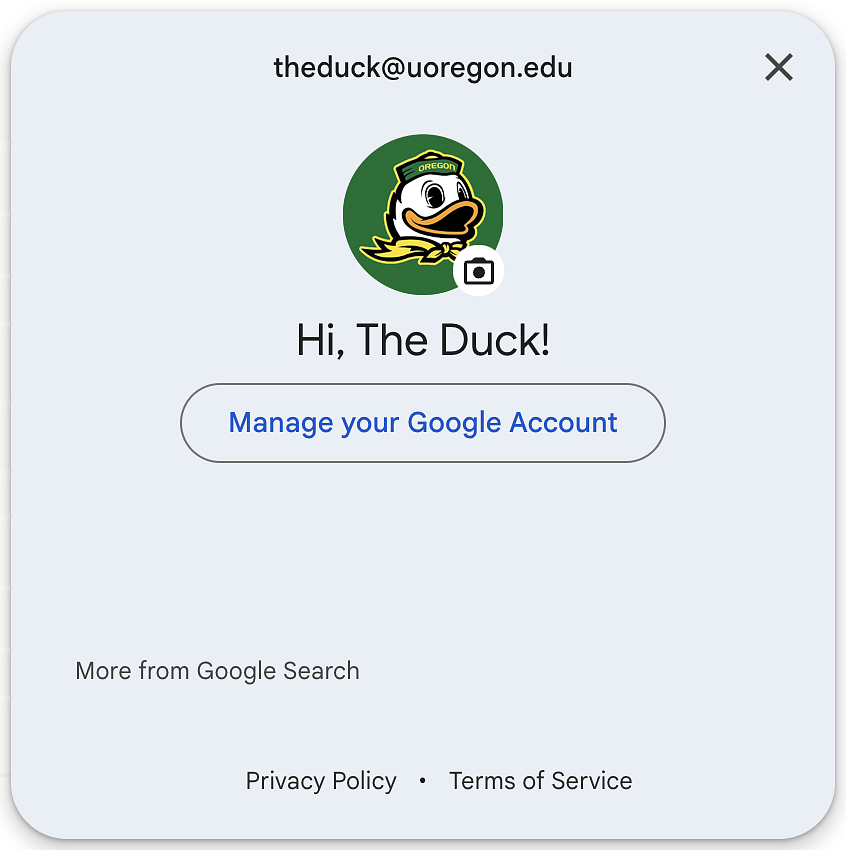 Google Account window for theduck@uoregon.edu account with The Duck's email, profile image, and name