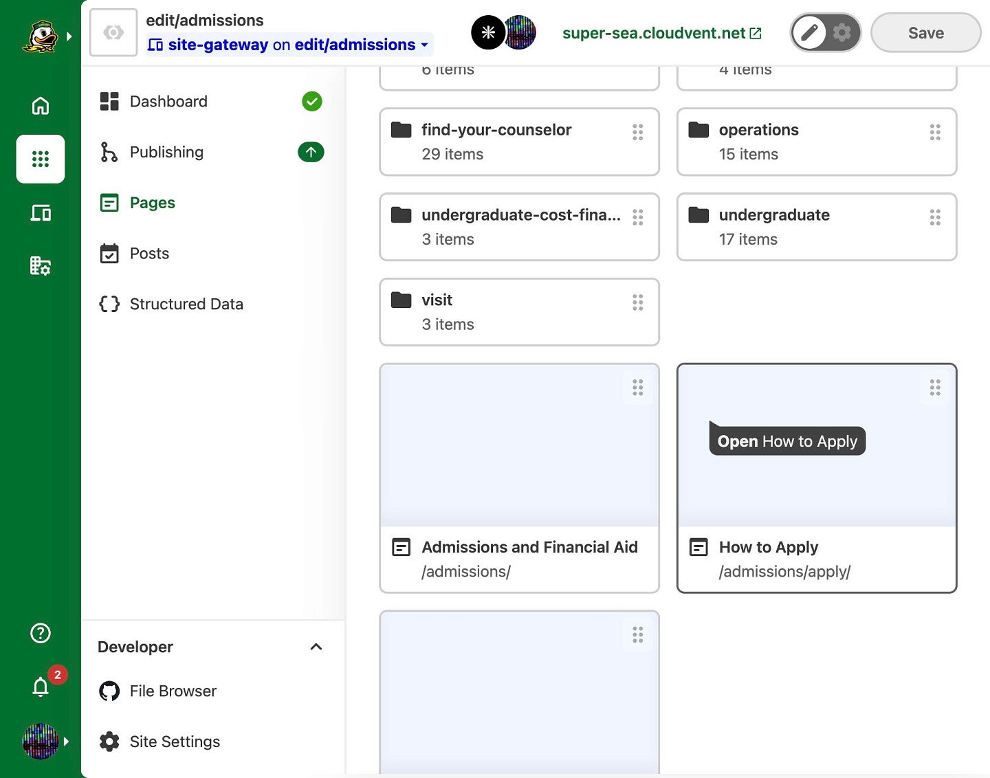 CloudCannon dashboard displaying a list of pages