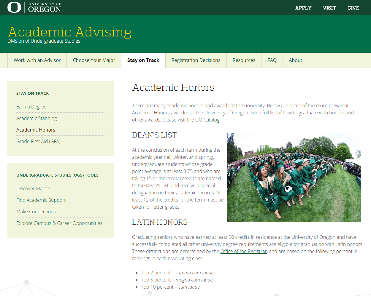 Screenshot of the Academic Advising Academic Honors page