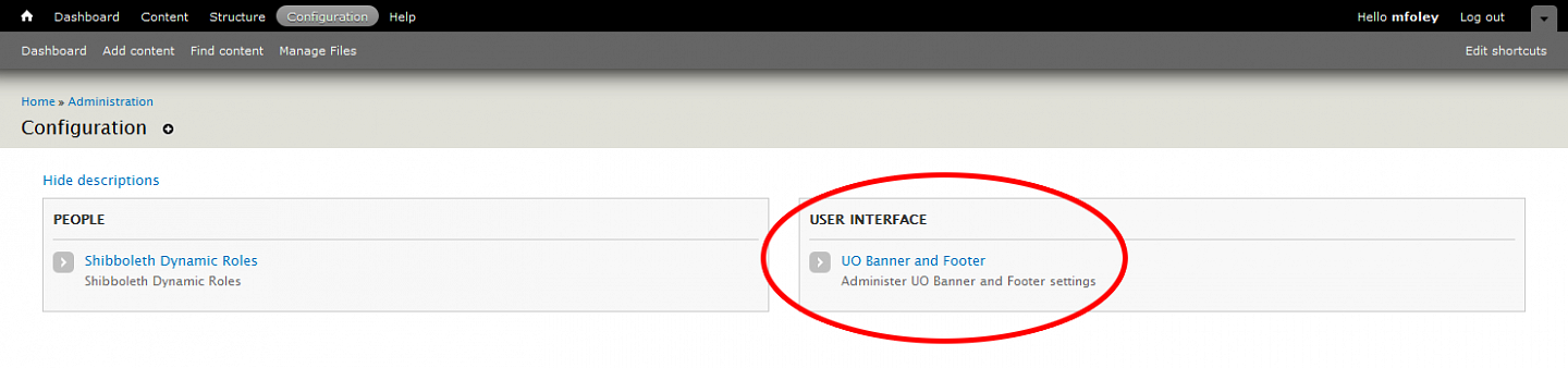 Screenshot highlighting the UO Banner and Footer button Screenshot highlighting the UO Banner and Footer button