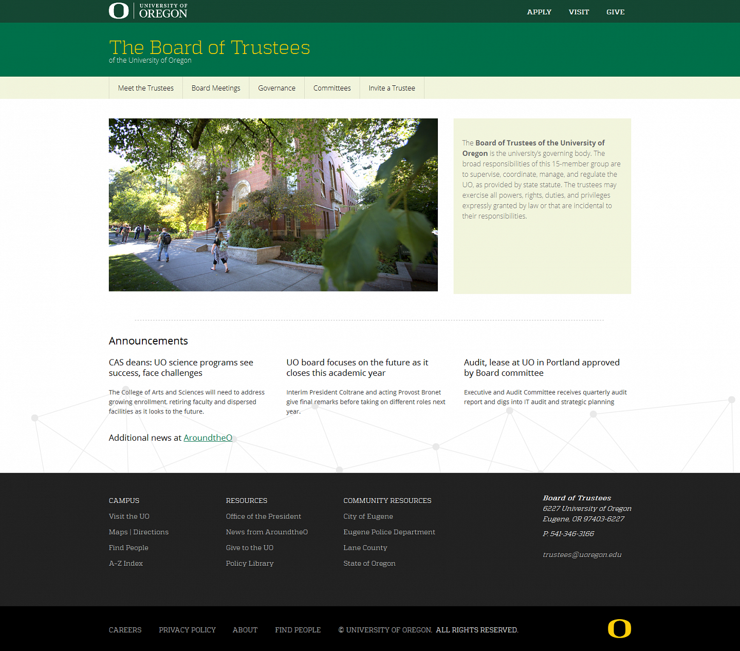 Screenshot of the Board of Trustees homepage