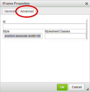 Screenshot of the iFrame Properties with Advanced circled