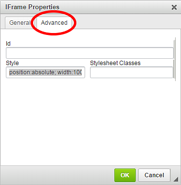 Screenshot of the iFrame Properties with Advanced circled Screenshot of the iFrame Properties with Advanced circled