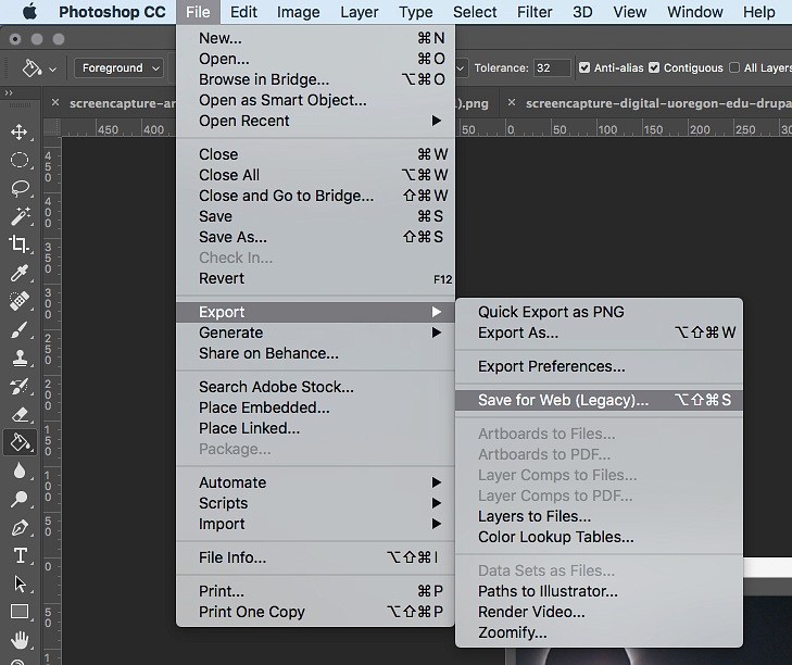 screenshot showing how to export an image for the web in Photoshop